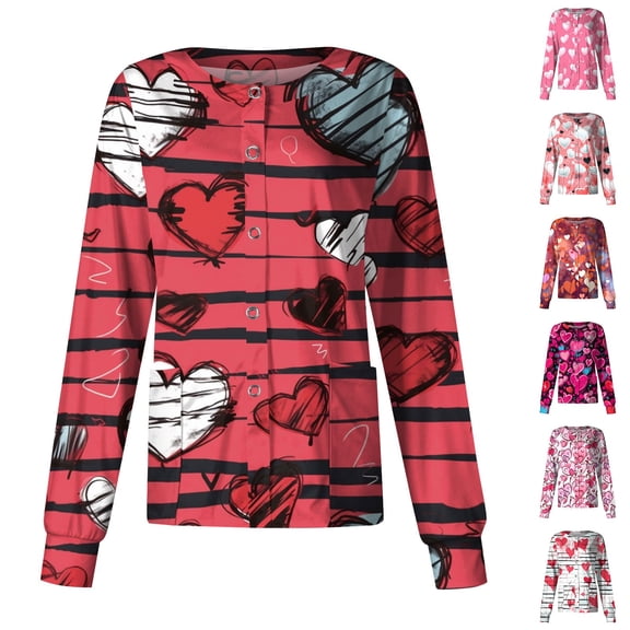 Valentine's Day Scrub Jacket for Women Long Sleeve Snap Front Nursing Uniform Holiday Love Heart Graphic Workwear Jacket with Pockets 2026 Watermelon Red 2XL