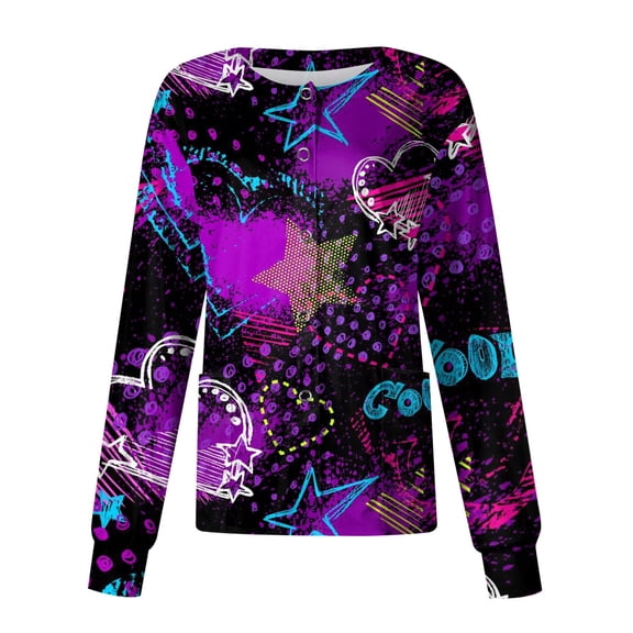 Valentine's Day Scrub Jacket for Women Long Sleeve Button Down Nursing Uniform Heart Print Medical Workwear Jacket with Pockets 2026 Dark Purple L