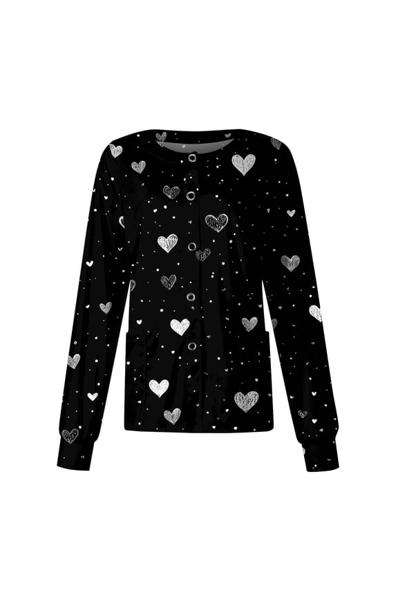 Valentine's Day Scrub Jacket for Women - Long Sleeve Heart Print Button Down Nursing Uniform Top with Pockets Black 4XL