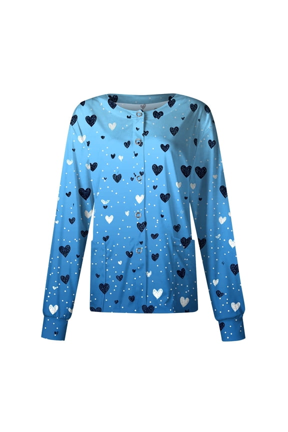 Valentine's Day Scrub Jacket for Women - Long Sleeve Heart Print Button Down Nursing Uniform Top with Pockets Blue M