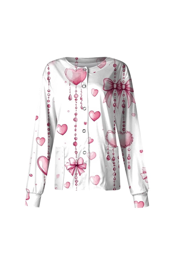 Valentine's Day Scrub Jacket for Women - Long Sleeve Heart Print Button Down Nursing Uniform Top with Pockets Light pink 5XL