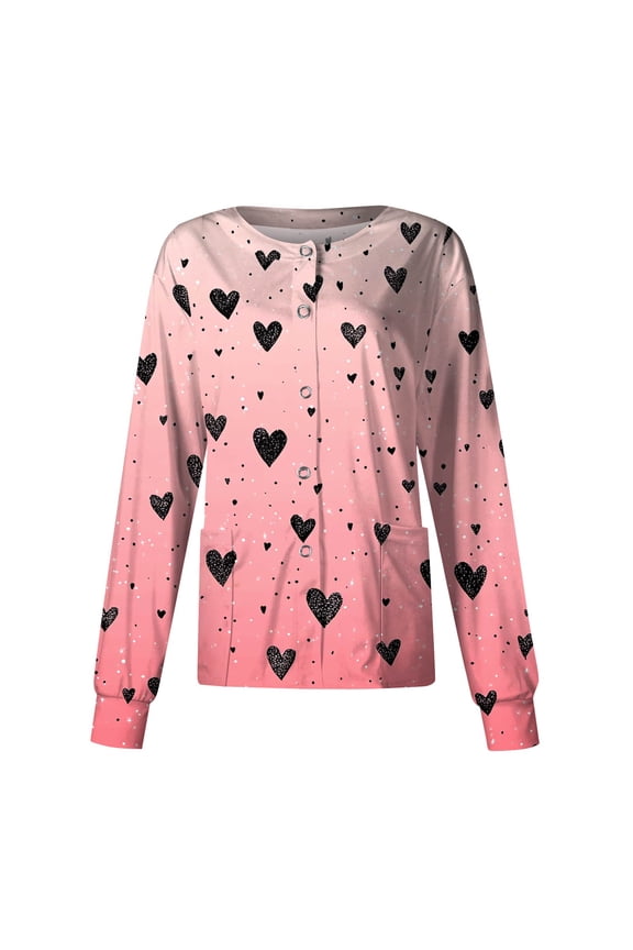 Valentine's Day Scrub Jacket for Women - Long Sleeve Heart Print Button Down Nursing Uniform Top with Pockets Pink XL