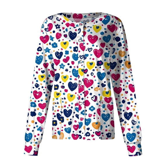 Valentine's Day Scrub Jackets for Women Long Sleeve Button Down Nursing Uniform Cute Print Medical Workwear Jacket with Pockets 2026 Hot Pink 2XL