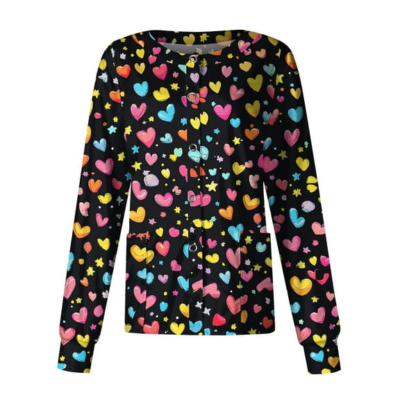 Valentine's Day Scrub Jackets for Women Long Sleeve Button Down Nursing Uniform Cute Print Medical Workwear Jacket with Pockets 2026 Pink XL