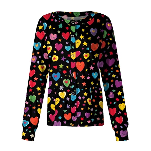 Scrub Jackets for Women Long Sleeve Button Down Nursing Uniform Cute Print Medical Workwear Jacket with Pockets
