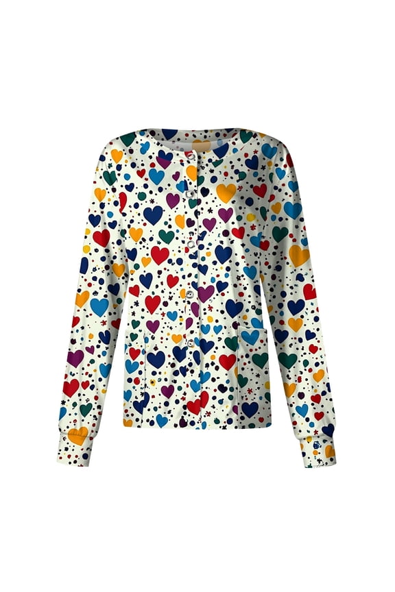 Valentine's Day Scrub Jackets for Women Long Sleeve Button Down Nursing Uniform Cute Print Medical Workwear Jacket with Pockets 2026 Yellow XL
