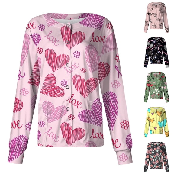 Valentine's Day Scrub Jackets for Women Long Sleeve Snap Front Nursing Uniform Holiday Heart Print Cute Workwear Jacket with Pockets 2026 Black 3XL