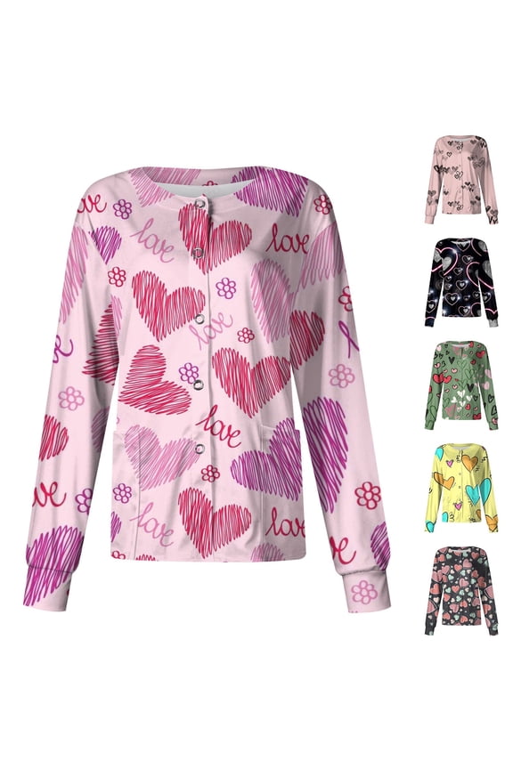 Valentine's Day Scrub Jackets for Women Long Sleeve Snap Front Nursing Uniform Holiday Heart Print Cute Workwear Jacket with Pockets 2026 Black L