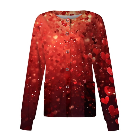 Valentine's Day Scrub Shirts for Women Funny Love Heart Printed Snap Front Long Sleeve Working Jacket Nurse Uniforms Workwear Shirts with Pockets