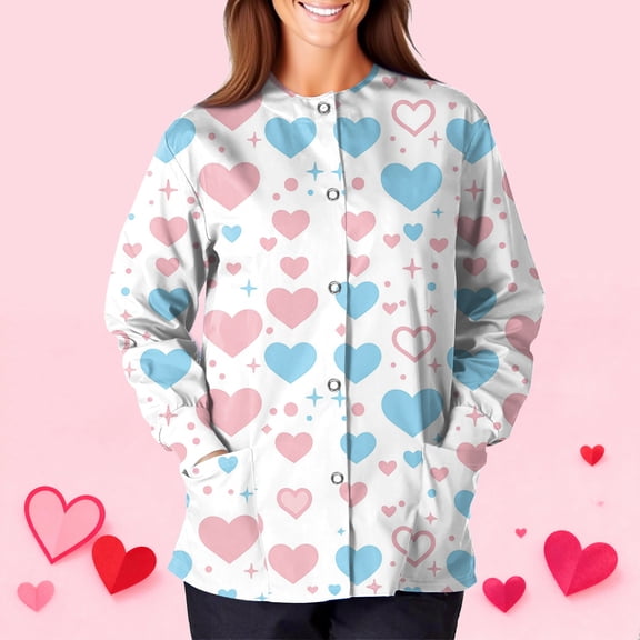 Valentine's Day Scrub Shirts for Women Long Sleeve Snap Front Valentine Love Heart Printed Jacket Nurse Uniforms Workwear Shirts with Pockets