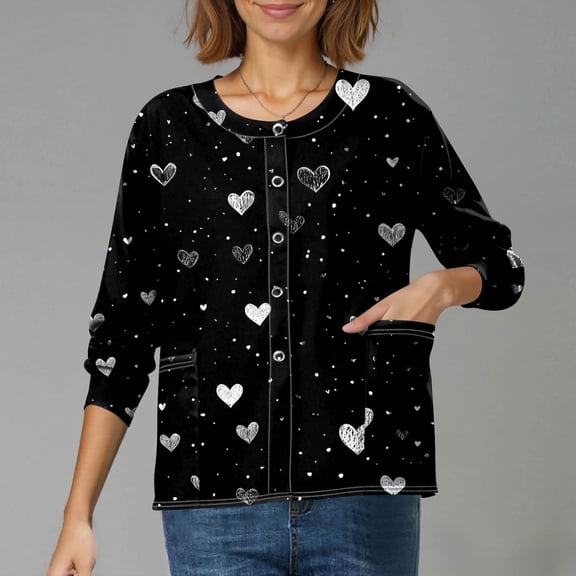 Valentine's Day Scrub Shirts for Women Snap Front Cute Love Heart Graphic Long Sleeve Scrubs Jacket Nursing Uniform Shirts with Pockets
