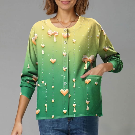 Valentine's Day Scrub Shirts for Women Snap Front Cute Love Heart Graphic Long Sleeve Scrubs Jacket Nursing Uniform Shirts with Pockets