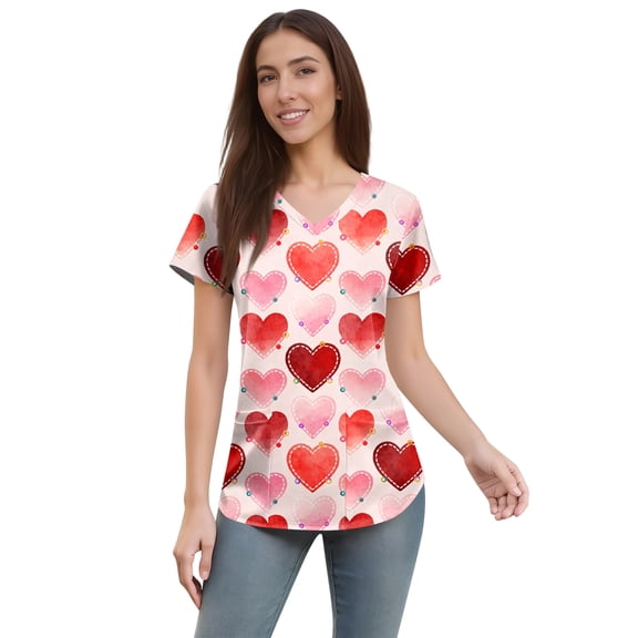 Valentine's Day Scrub Tops for Women Cute Heart Print Short Sleeve Vneck Stretch Holiday Scrub Shirt Valentine's Day Scrub Tops Working Uniforms with Pockets