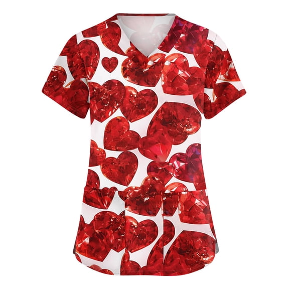 Valentine's Day Scrub Tops Women Cute Love Heart Printed V-Neck Short Sleeve Scrub Top Valentine's Day Nursing Uniform Shirts Tops with Pockets
