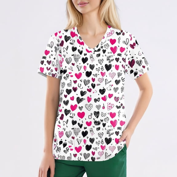 Valentine's Day Scrub Tops Women Funny Love Heart Graphic Short Sleeve V-Neck Scrub Shirts Valentine's Day Scrub Tops Working Uniforms with Pockets