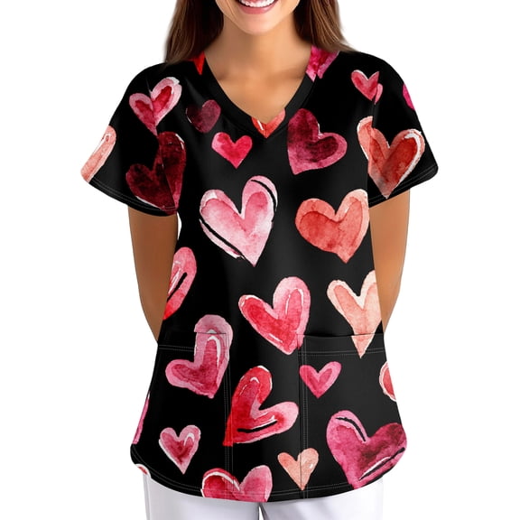 Valentine's Day Scrub Tops Women Funny Love Heart Graphic Short Sleeve V-Neck Scrub Shirts Valentine's Day Scrubs Tops Working Nurse Uniforms with Pockets
