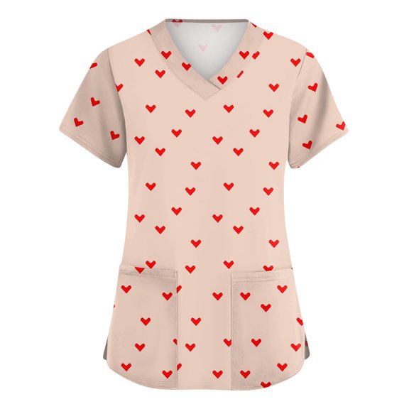 Valentine's Day Scrub Tops Women Love Heart Printed Plus Size Scrubs Short Sleeve V-Neck Working Uniform Valentine's Day Caregiver T Shirts
