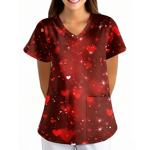 Valentine's Day Scrub Tops for Women Love Heart Printed Plus Size Scrubs Short Sleeve V-Neck Working Uniform Valentine's Day Cartoon Pattern Scrub Tops with Pockets
