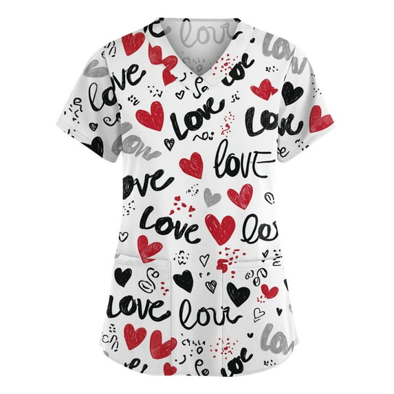 Valentine's Day Scrub Tops for Women Love Heart Printed Plus Size Scrubs Short Sleeve V-Neck Working Uniform Valentine's Day Stretch Nursing Medical Scrubs T Shirts with Pockets