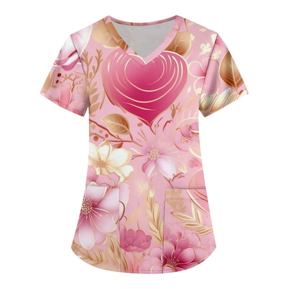 Valentines Day Scrubs for Women Love Heart Printed V-Neck Breathable T-Shirts Short Sleeve Professionals Soft Stretch Workwear Shirt with Pockets pink 3X-Large