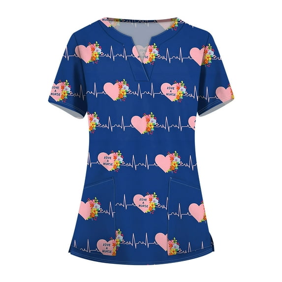 Valentine's Day Scrub Tops Women Love Heart Printed V-Neck Breathable Scrub Tops Short Sleeve Professionals Soft Stretch Workwear Shirt with Pockets (Blue)