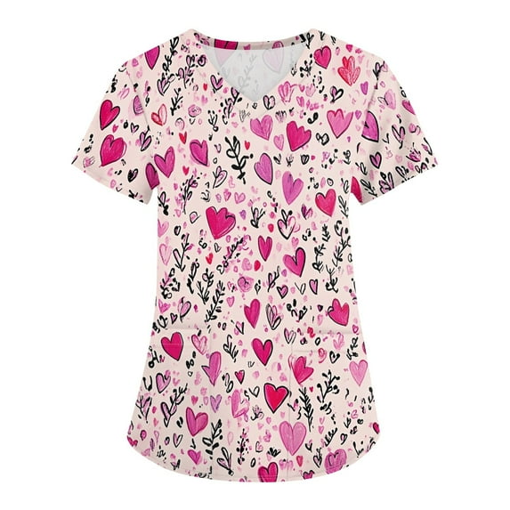 Valentine's Day Scrub Tops Women Love Heart Printed V-Neck Breathable Scrub Tops Short Sleeve Professionals Soft Stretch Workwear Shirt with Pockets pink Small
