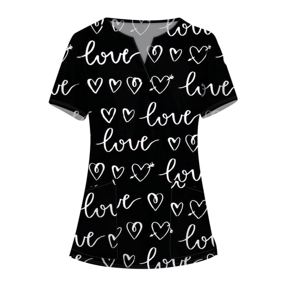 Valentine's Day Scrub Tops Women Love Heart Printed V-Neck Breathable Workwear Shirt Short Sleeve Professionals Soft Stretch T-Shirts with Pockets (White)