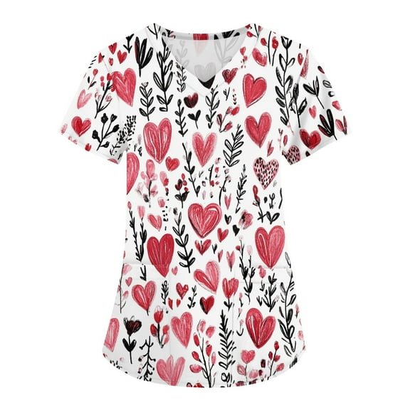 Valentines Day Womens Print Scrub Tops Love Heart Printed V-Neck Breathable Scrub Tops Short Sleeve Professionals Soft Stretch T-Shirts with Pockets watermelon red Medium