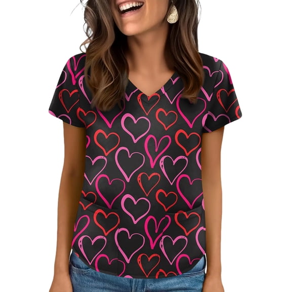 Valentine's Day Scrub Tops for Women Short Sleeve V Neck Heart Print Shirts Nursing Working Uniform Valentine's Day Soft Stretchy Holiday Scrub T Shirts