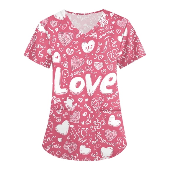 Valentine's Day Scrub Tops Women Short Sleeve V Neck Heart Print Shirts Nursing Working Uniform Valentine's Day Stretch Nursing Medical Scrubs T Shirts with Pockets