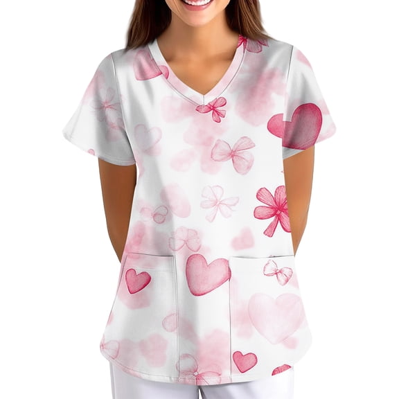 Valentine's Day Scrub Tops Women Short Sleeve V Neck Scrub Top Love Heart Printed Shirts Valentine's Day Nurse Uniforms Workwear Tops with Pockets