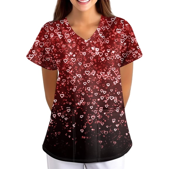 Valentine's Day Scrub Tops Women Short Sleeve V Neck Scrub Top Love Heart Printed Shirts Valentine's Day Nurse Uniforms Workwear Tops with Pockets