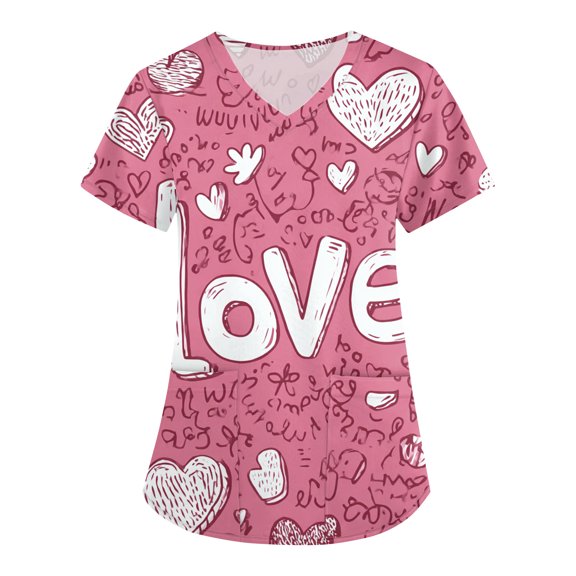 Valentine's Day Scrub Tops Women Stretchy Vneck Short Sleeve Cute Heart Printed Shirts Valentine's Day Cartoon Pattern Scrub Tops with Pockets