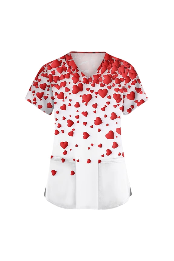 Valentine's Day Scrub Tops for Women Cute Heart Print Short Sleeve Nurse Working Uniforms Valentine's Day Soft Stretchy Holiday Scrub T Shirts