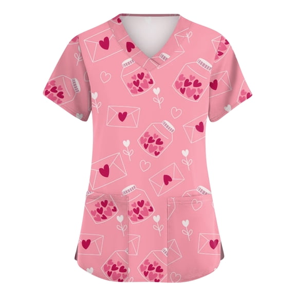 Valentine's Day Scrub Tops for Women Love Heart Printed Plus Size Scrubs Short Sleeve V-Neck Working Uniform Valentine's Day Caregiver T Shirts