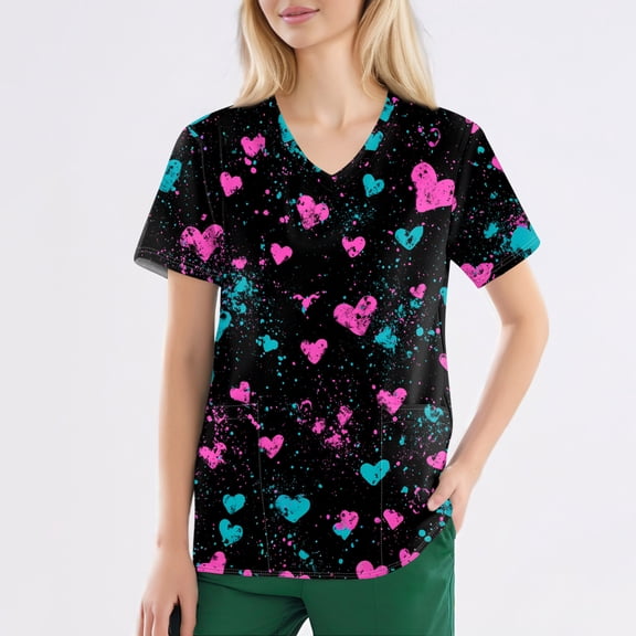 Valentine's Day Scrub Tops for Women V Neck Cute Heart Printed Scrub Tops Valentine's Day Caregiver Split Hem T Shirts