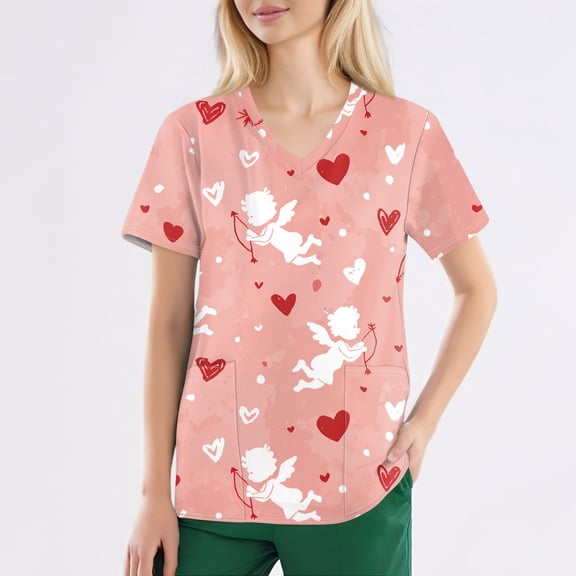 Valentine's Day Scrub Tops for Women V Neck Cute Heart Printed Scrub Tops Valentine's Day Scrub Tops Split Hem Working Uniforms with Pockets