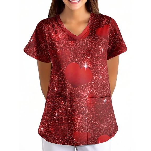 Valentine's Day Scrubs Top for Women Funny Love Heart Graphic Short Sleeve V-Neck Scrub Shirts Valentine's Day Cartoon Pattern Scrub Tops with Pockets