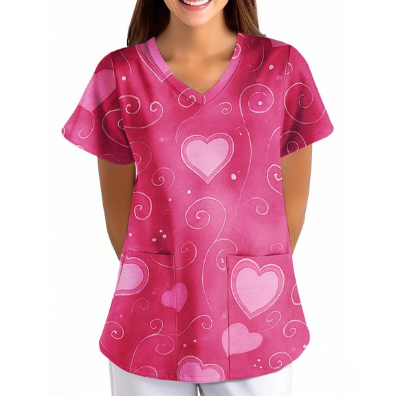 Valentine's Day Scrubs Top for Women Cute Heart Print Short Sleeve Nurse Working Uniforms Valentine's Day Cartoon Pattern Scrub Tops with Pockets