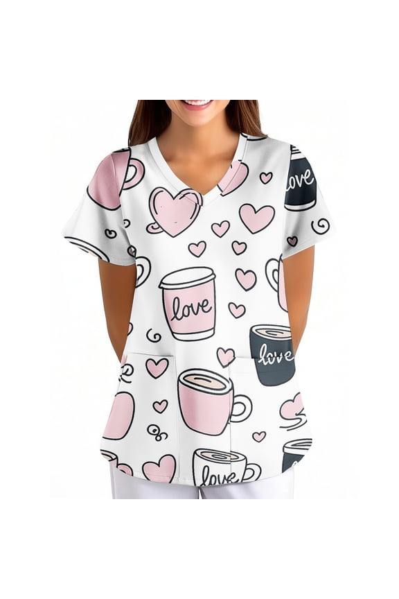 Valentine's Day Scrubs Top for Women Cute Love Heart Printed V-Neck Short Sleeve Scrub Top Valentine's Day Nurse Uniforms Workwear Tops with Pockets