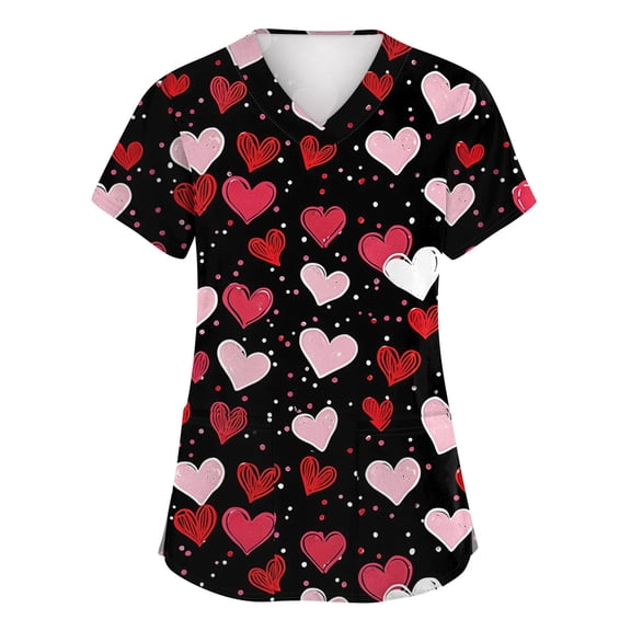 Valentine's Day Scrubs Top for Women Stretchy Vneck Short Sleeve Cute Heart Printed Shirts Valentine's Day Nursing Uniform Shirts Tops with Pockets