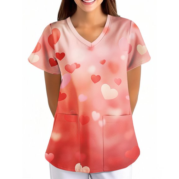 Valentine's Day Scrubs Top for Women Stretchy Vneck Short Sleeve Cute Heart Printed Shirts Valentine's Day Scrub Tops Working Uniforms with Pockets