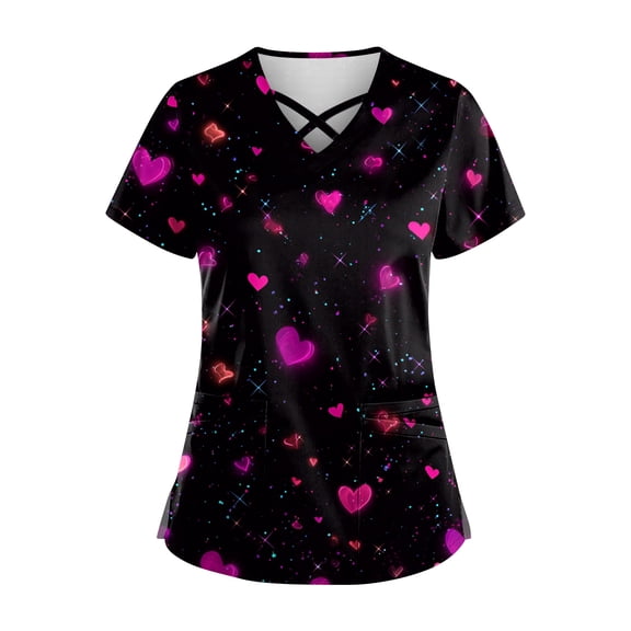 Valentine's Day Scrubs Tops for Women Short Sleeve V Neck Scrub Top Love Heart Printed Shirts Valentine's Day Nursing Uniform Shirts Tops with Pockets
