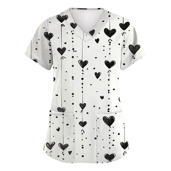 Valentine's Day Scrubs Tops for Women V Neck Cute Heart Printed Scrub Tops Valentine's Day Scrubs Tops Working Nurse Uniforms with Pockets