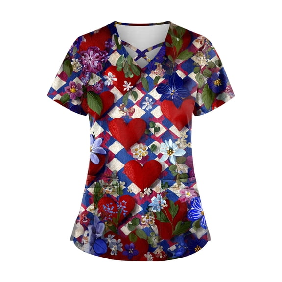 Valentine's Day Scrubs Tops for Women V Neck Short Sleeve Tops Cute Heart Printed Plus Size Nursing Uniforms Valentine's Day Caregiver T Shirts