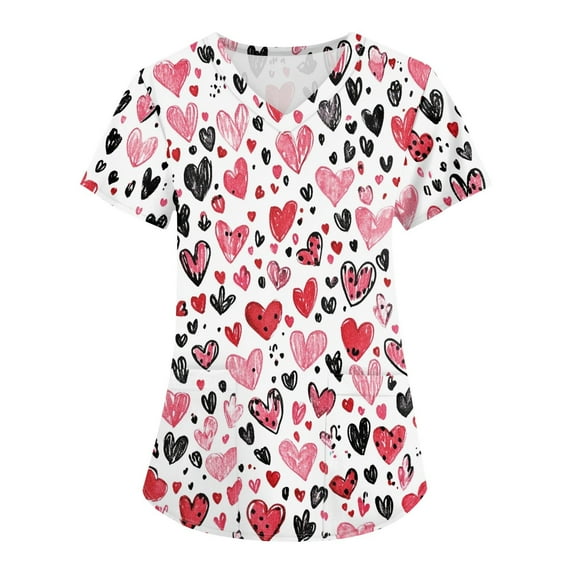 Valentine's Day Scrubs for Women Love Heart Printed V Neck Breathable Scrub Tops Short Sleeve Professionals Soft Stretch T-Shirts with Pockets white 4X-Large
