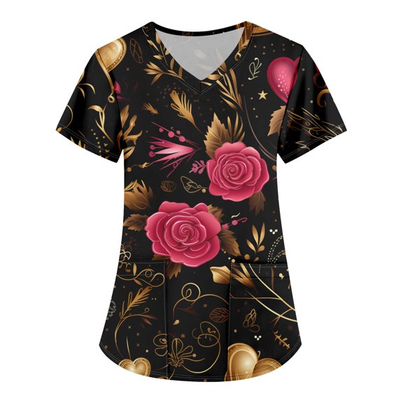 Valentine's Day Scrubs for Women Love Heart Printed V Neck Breathable T-Shirts Short Sleeve Professionals Soft Stretch Workwear Shirt with Pockets hot pink Medium