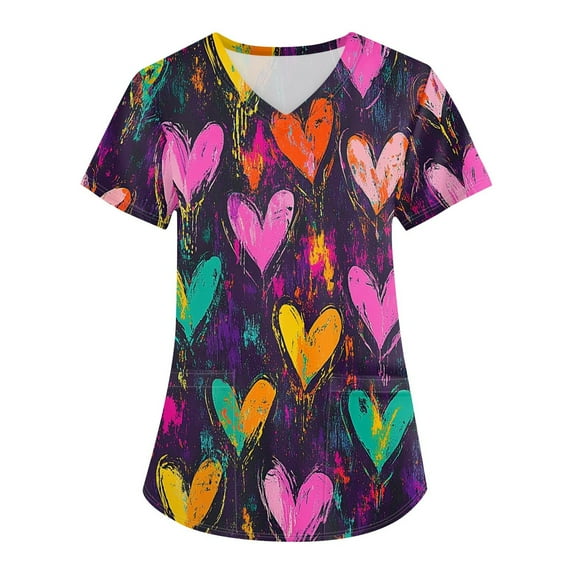 Valentine's Day Scrubs for Women Love Heart Printed V Neck Breathable T-Shirts Short Sleeve Professionals Soft Stretch Workwear Shirt with Pockets purple X-Large