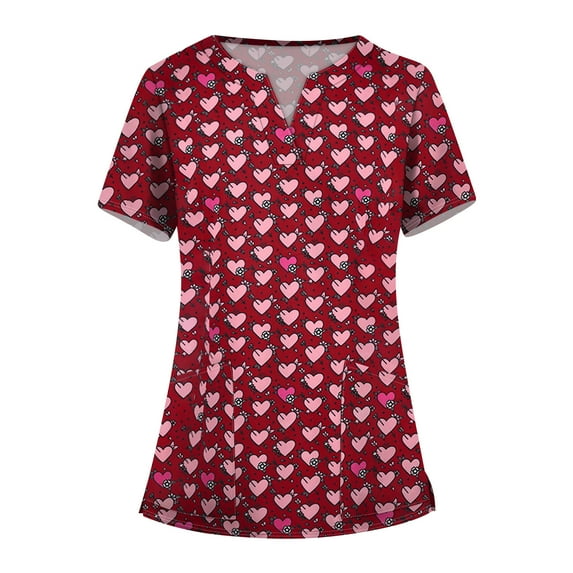 Valentine's Day Scrubs for Women Love Heart Printed V Neck Breathable Scrub Tops Short Sleeve Professionals Soft Stretch T-Shirts with Pockets (Red)
