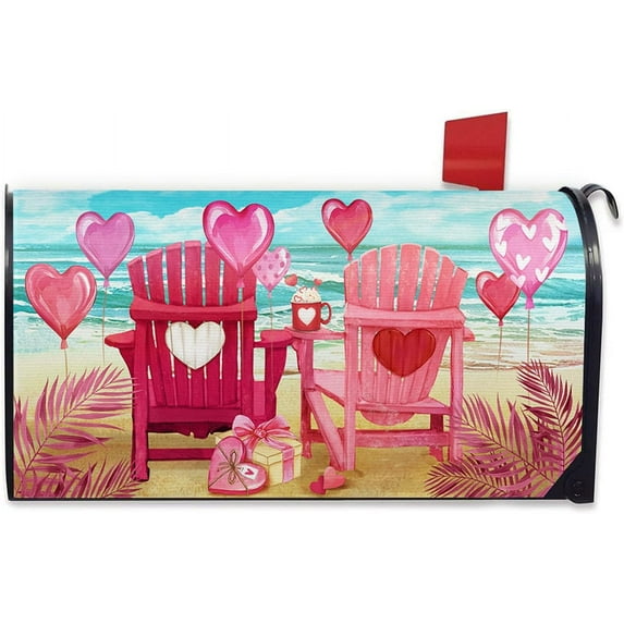 Valentine''s Day Sea Beach Mailbox Cover Magnetic Standard Size 21"x19", Pink Chair Coastal Decorative Post Letter Box Wrap Decor, Love Balloon Anniversary Wedding Garden Yard Outdoor Decoration